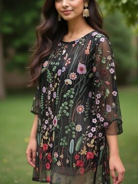 Caroline Rose Garden Walk Embroidered Tunic, sheer 3/4 sleeves black multi-color